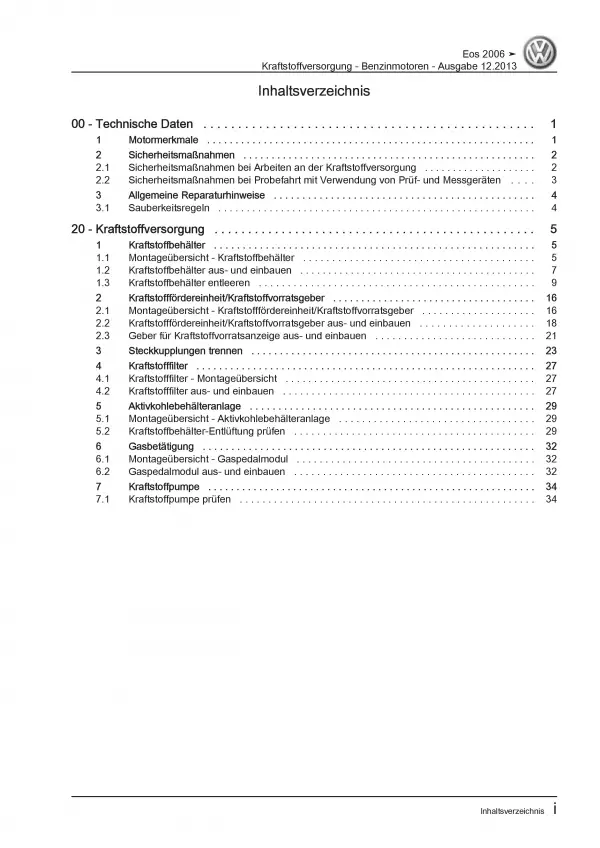 VW EOS Typ 1F 2006-2015 Kraftstoffversorgung Benzinmotoren Reparaturanleitung