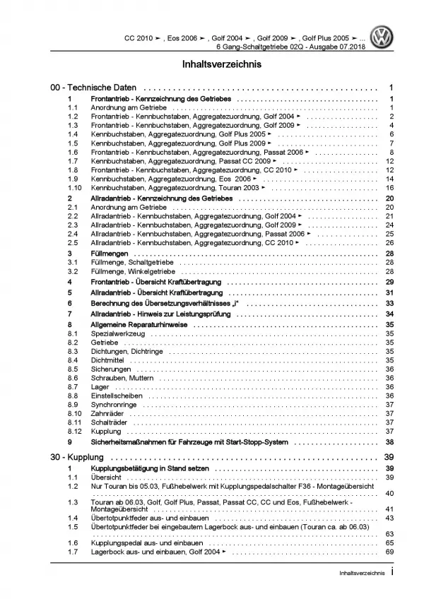 VW EOS 1F 2006-2015 6 Gang Schaltgetriebe Kupplung 02Q Reparaturanleitung PDF