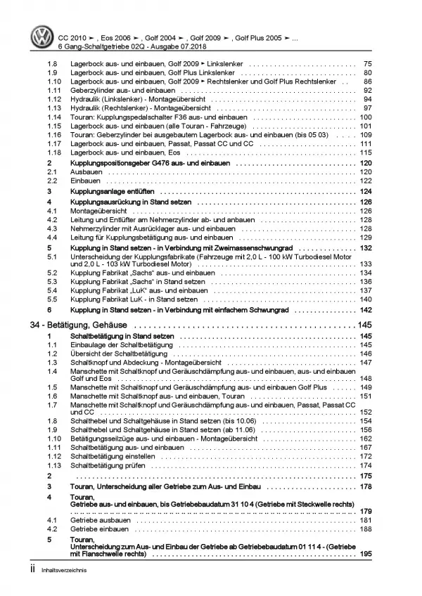 VW EOS Typ 1F 2006-2015 6 Gang Schaltgetriebe Kupplung 02Q Reparaturanleitung