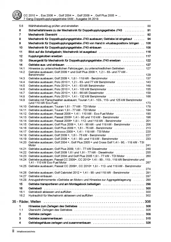 VW EOS 1F 2006-2015 7 Gang Automatikgetriebe DSG DKG 0AM Reparaturanleitung PDF