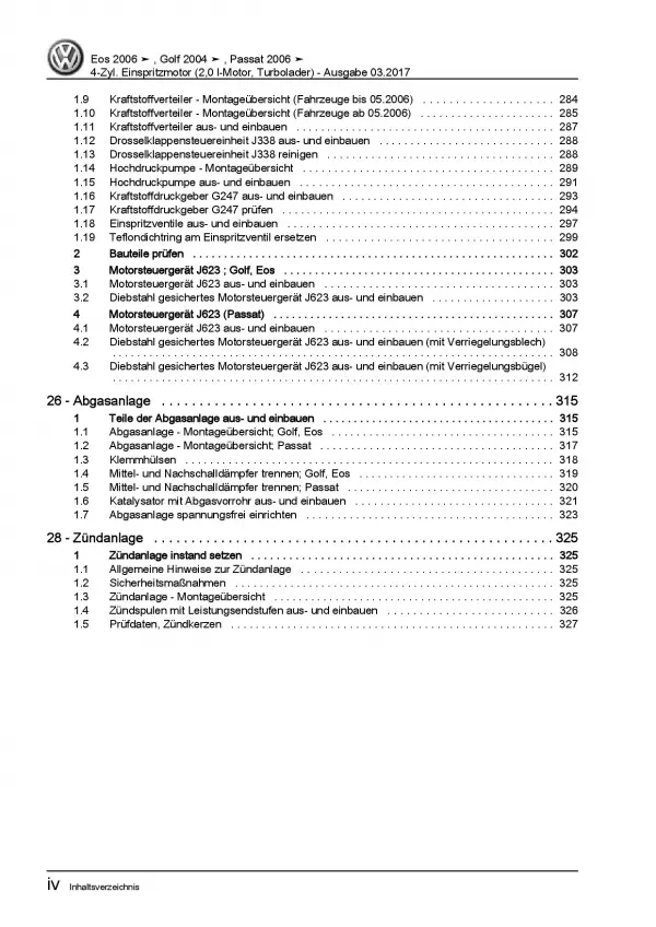 VW EOS Typ 1F 2006-2015 4-Zyl. 2,0l Benzinmotor 200 PS Reparaturanleitung PDF