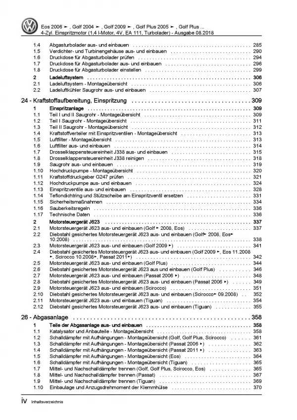 VW EOS 1F 2006-2015 4-Zyl. 1,4l Benzinmotor TFSI 122 PS Reparaturanleitung PDF