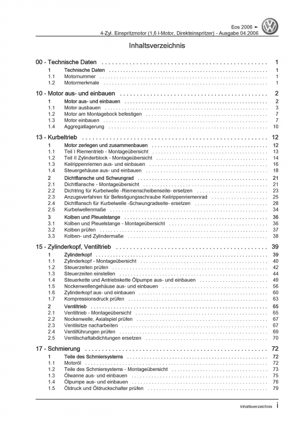 VW EOS Typ 1F 2006-2015 4-Zyl. 1,6l Benzinmotor 115 PS Reparaturanleitung PDF