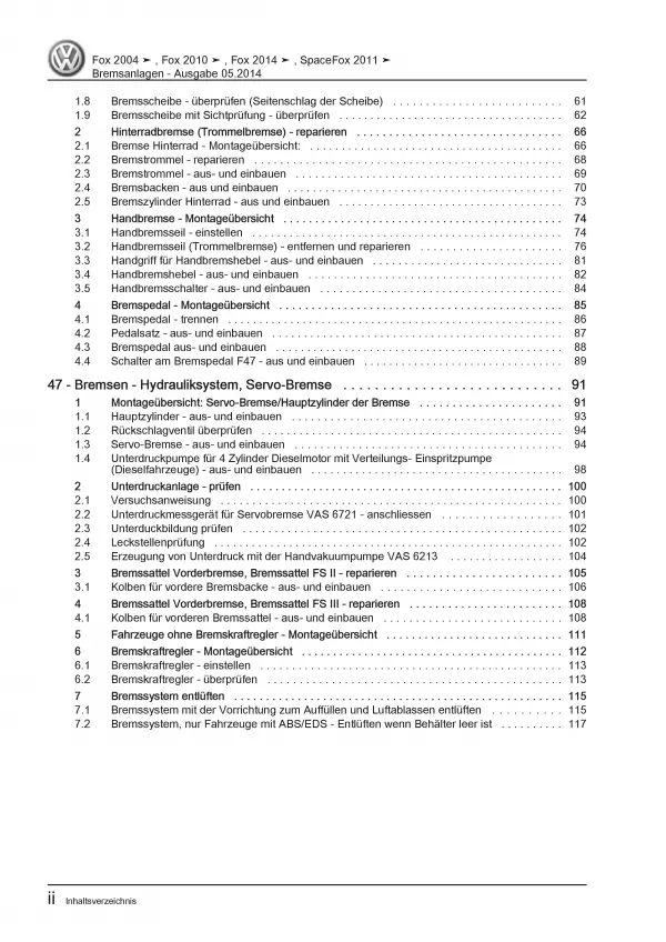 VW Fox Typ 5Z ab 2003 Bremsanlagen Bremsen System Reparaturanleitung PDF