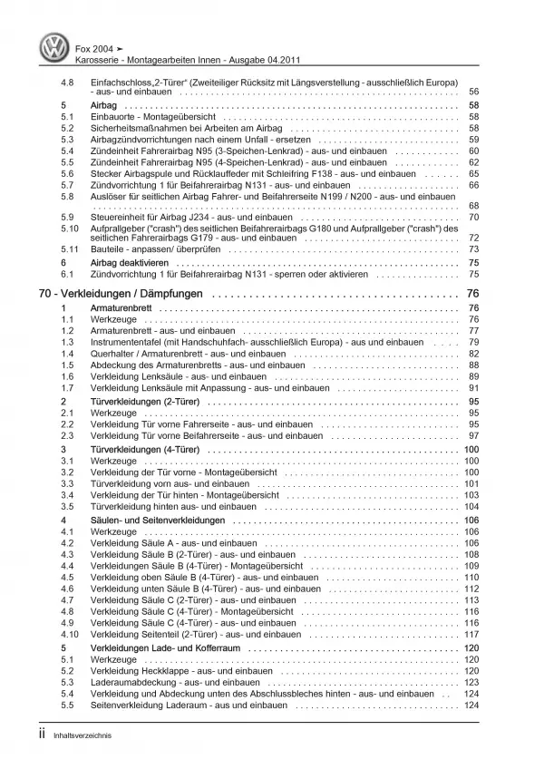 VW Fox Typ 5Z ab 2003 Karosserie Montagearbeiten Innen Reparaturanleitung PDF