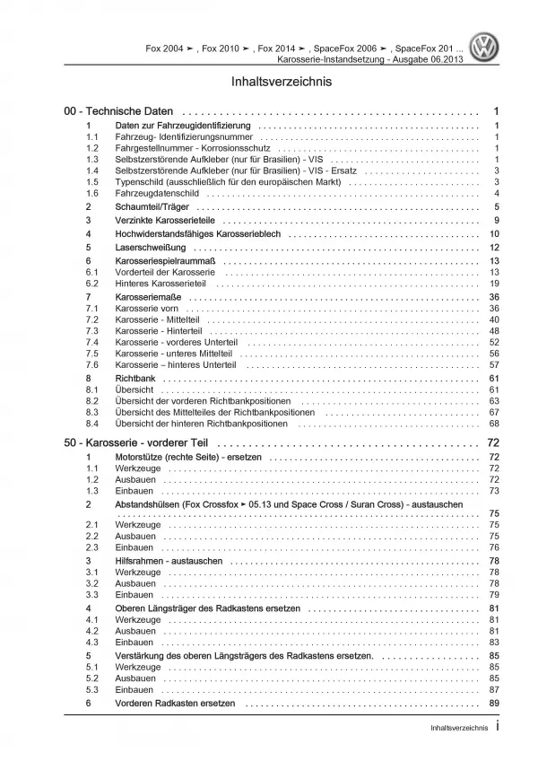 VW Fox Typ 5Z ab 2003 Karosserie Unfall Instandsetzung Reparaturanleitung PDF