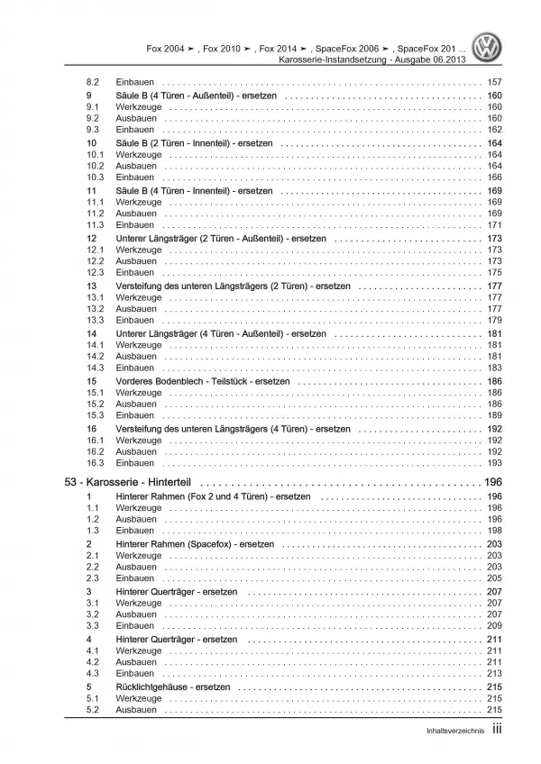 VW Fox Typ 5Z ab 2003 Karosserie Unfall Instandsetzung Reparaturanleitung PDF