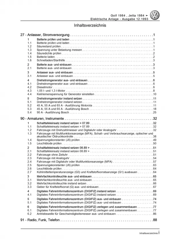 VW Golf 2 19 (84-92) Elektrische Anlage Elektrik Systeme Reparaturanleitung PDF