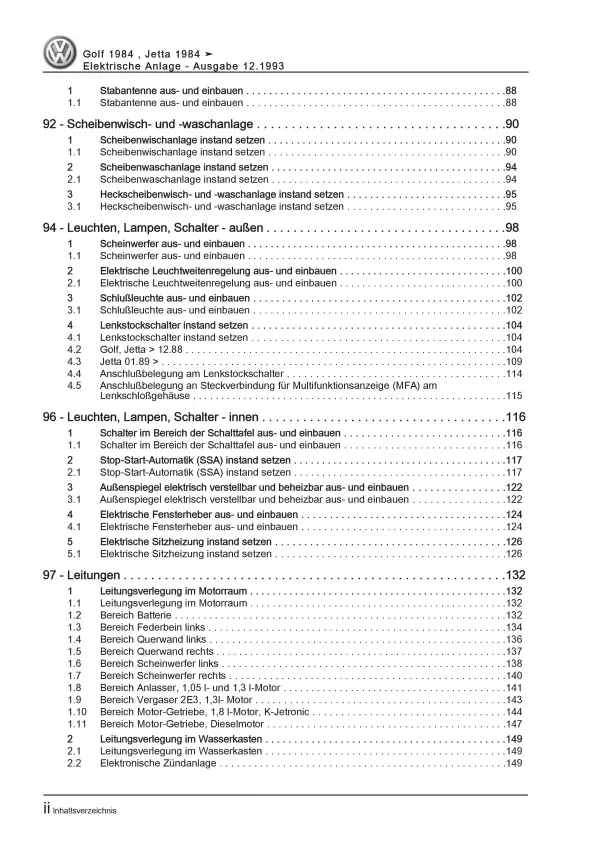 VW Golf 2 Typ 19 (84-92) Elektrische Anlage Elektrik Systeme Reparaturanleitung