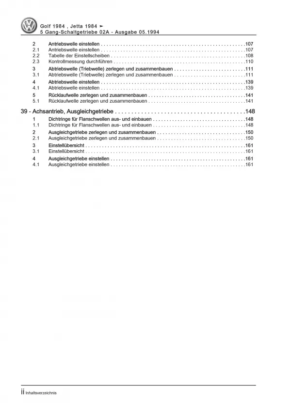 VW Golf 2 19 1984-1992 5 Gang Schaltgetriebe 02A Kupplung Reparaturanleitung PDF