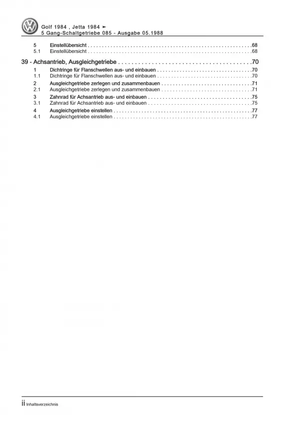 VW Golf 2 19 (84-92) 5 Gang Schaltgetriebe 085 Kupplung Reparaturanleitung PDF