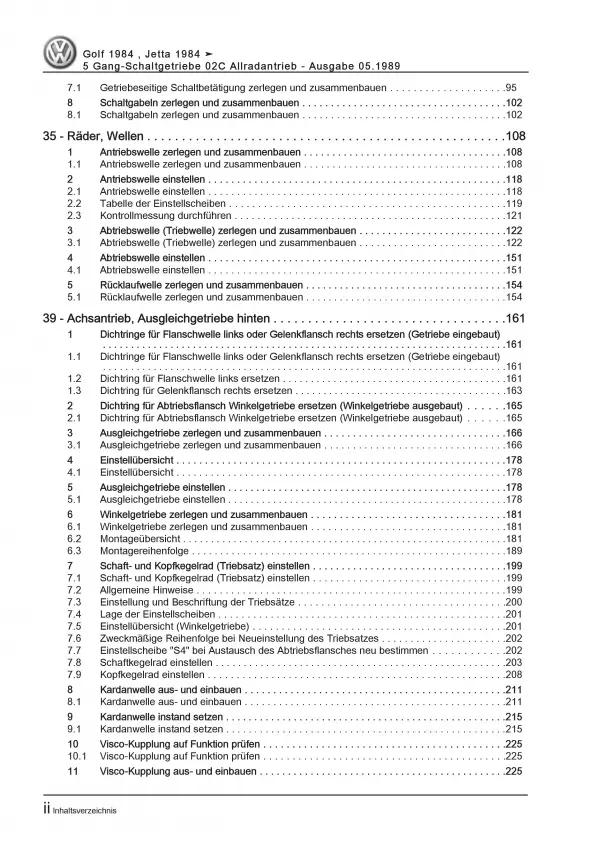 VW Golf 2 Typ 19 (84-92) 5 Gang Schaltgetriebe 02C Allrad Reparaturanleitung PDF