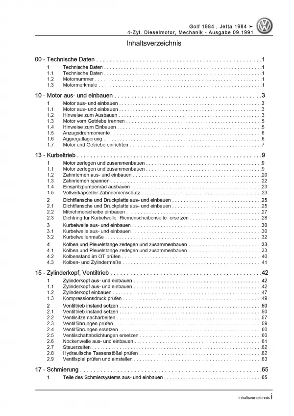 VW Golf 2 19 (84-92) 4-Zyl. 1,6l Dieselmotor TDI 54-80 PS Reparaturanleitung PDF