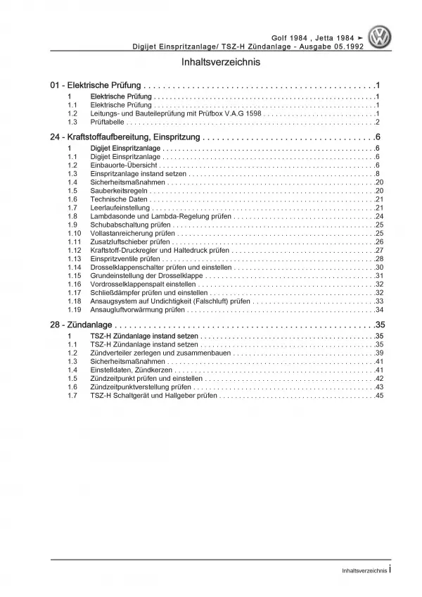 VW Golf 2 (84-92) Digijet Einspritz-Zündanlage TSZ-H 54PS Reparaturanleitung PDF