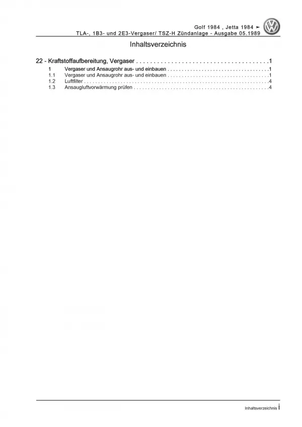 VW Golf 2 (84-92) TLA-1B3- 2E3-Vergaser TSZ-H Zündanlage Reparaturanleitung PDF