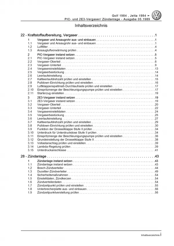 VW Golf 2 (84-92) PIC- 2E3-Vergaser Zündanlage 1,0l 1,3l Reparaturanleitung PDF