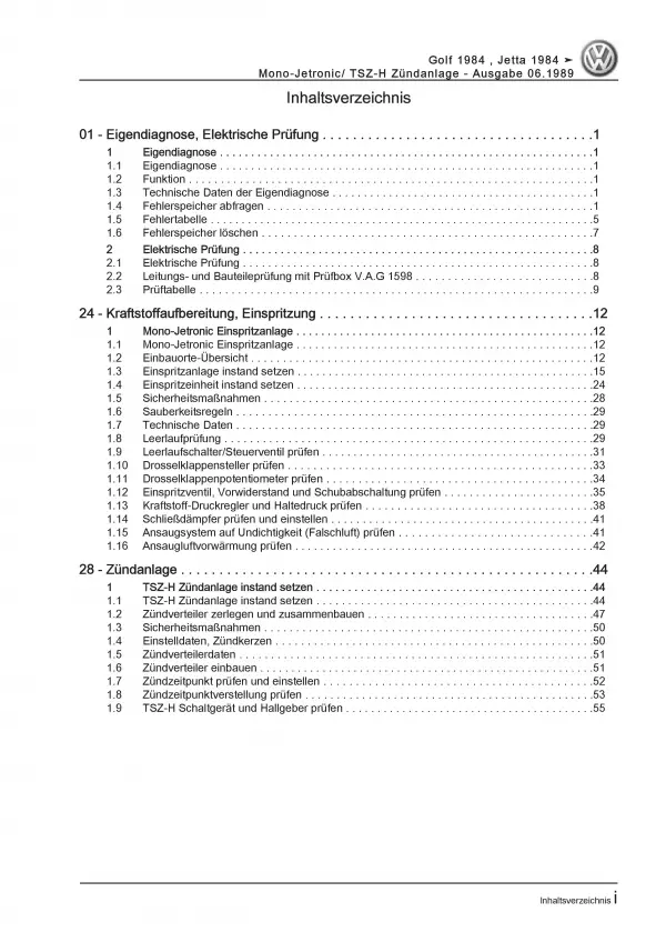 VW Golf 2 19 (84-92) Mono-Jetronic TSZ-H Zündanlage 90 PS Reparaturanleitung PDF