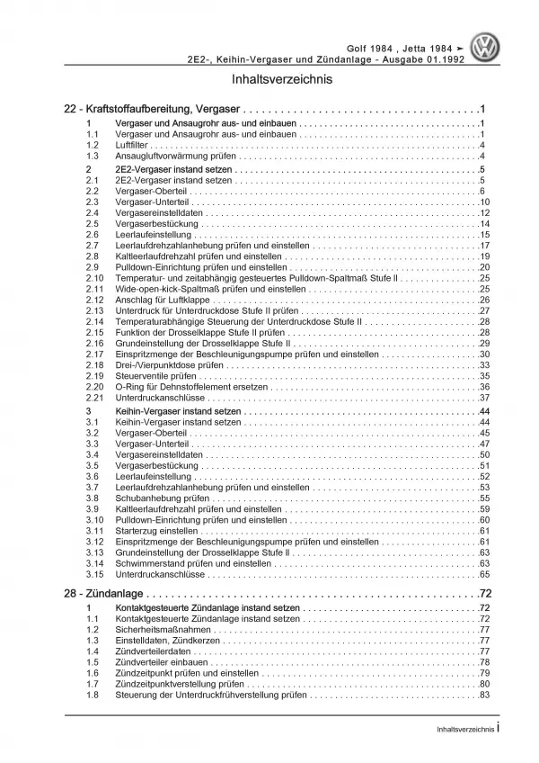 VW Golf 2 (84-92) 2E2 Keihin-Vergaser Zündanlage 1,6/1,8l Reparaturanleitung PDF