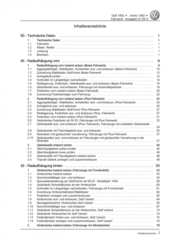 VW Golf 3 1H (91-99) Fahrwerk Achsen Lenkung Bremsanlage Reparaturanleitung PDF