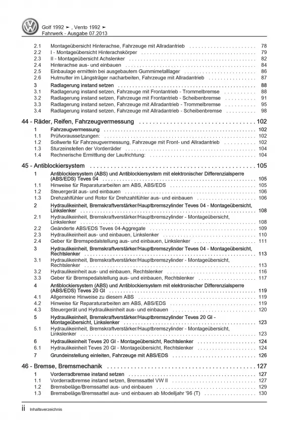 VW Golf 3 Typ 1H 1991-1999 Fahrwerk Achsen Lenkung Bremsen Reparaturanleitung