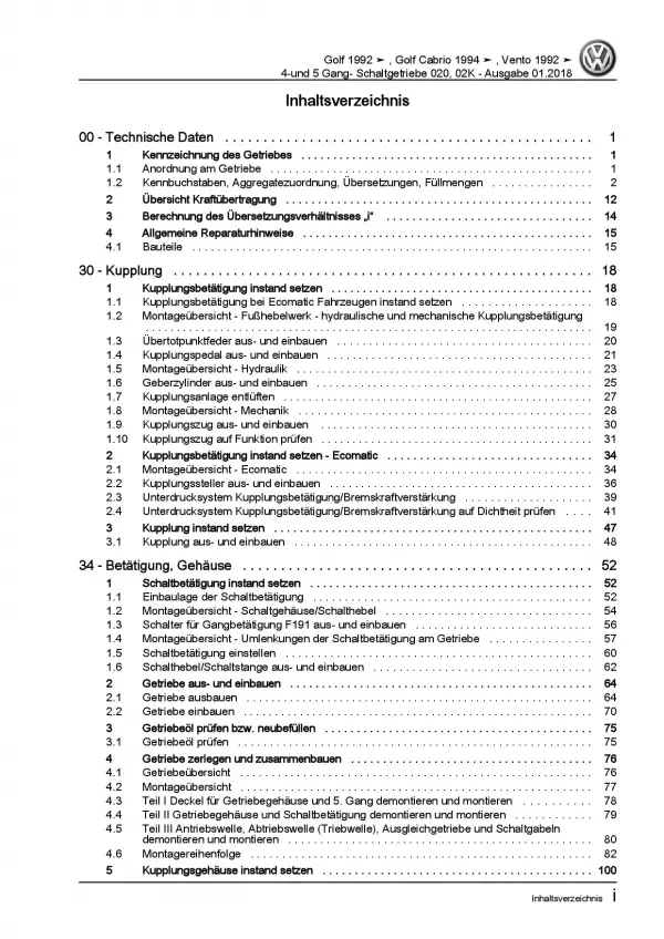 VW Golf 3 1H (91-99) 4 und 5 Gang Schaltgetriebe 020 02K Reparaturanleitung PDF