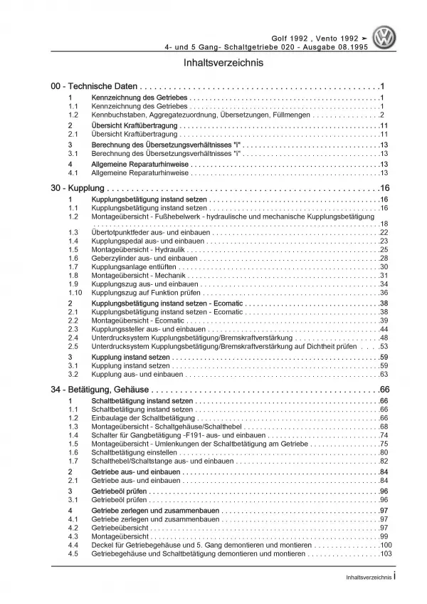 VW Golf 3 Typ 1H (91-99) 4 und 5 Gang Schaltgetriebe 020 Reparaturanleitung PDF