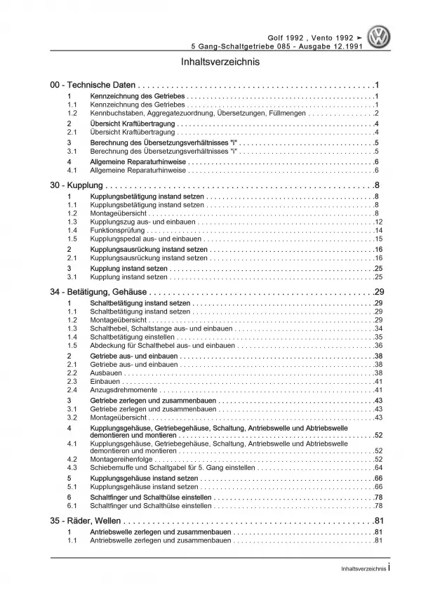 VW Golf 3 1H 1991-1999 5 Gang Schaltgetriebe Kupplung 085 Reparaturanleitung PDF