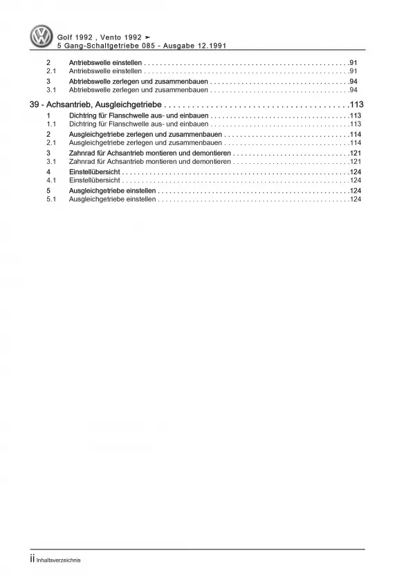 VW Golf 3 1H 1991-1999 5 Gang Schaltgetriebe Kupplung 085 Reparaturanleitung PDF