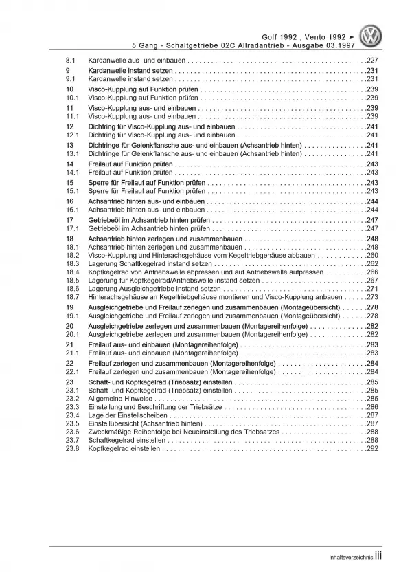 VW Golf 3 1H 1991-1999 5 Gang Schaltgetriebe 02C Allrad Reparaturanleitung PDF