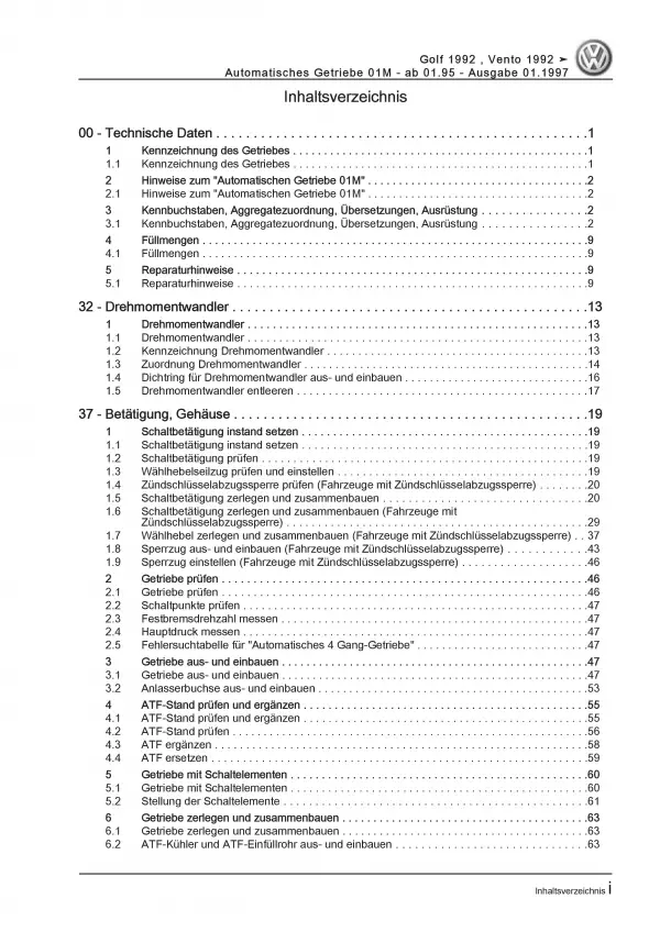 VW Golf 3 Typ 1H 1995-1999 4 Gang Automatikgetriebe 01M Reparaturanleitung PDF