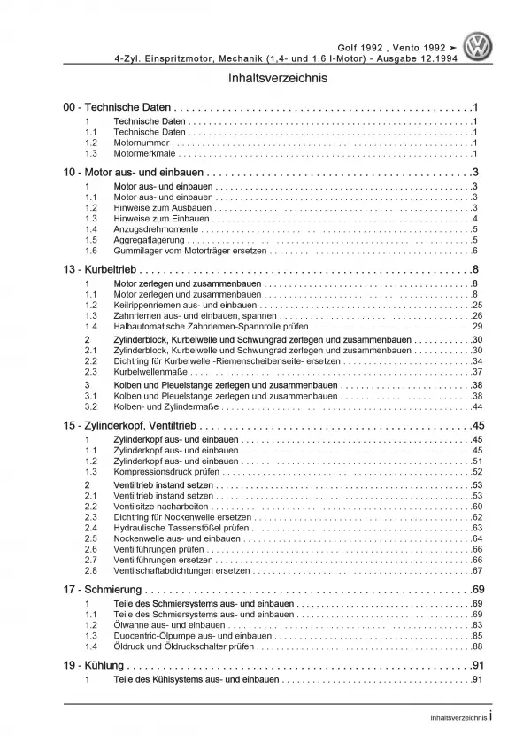 VW Golf 3 1H (91-99) 4-Zyl. Benzinmotor 60-75 PS Mechanik Reparaturanleitung PDF