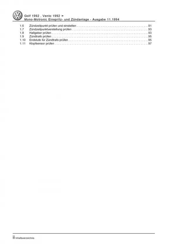 VW Golf 3 1H (91-99) Mono-Motronic Einspritz- Zündanlage Reparaturanleitung PDF