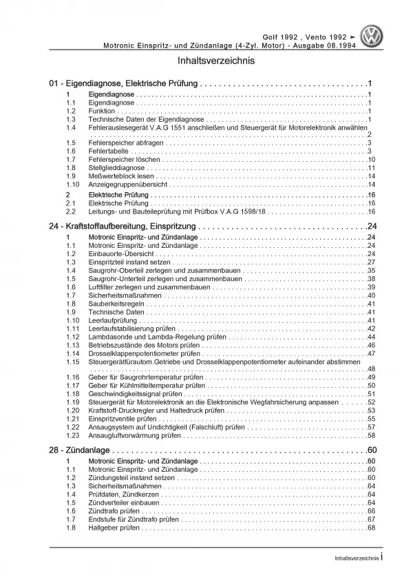 VW Golf 3 Typ 1H (91-99) Motronic Einspritz- Zündanlage 1,6l Reparaturanleitung