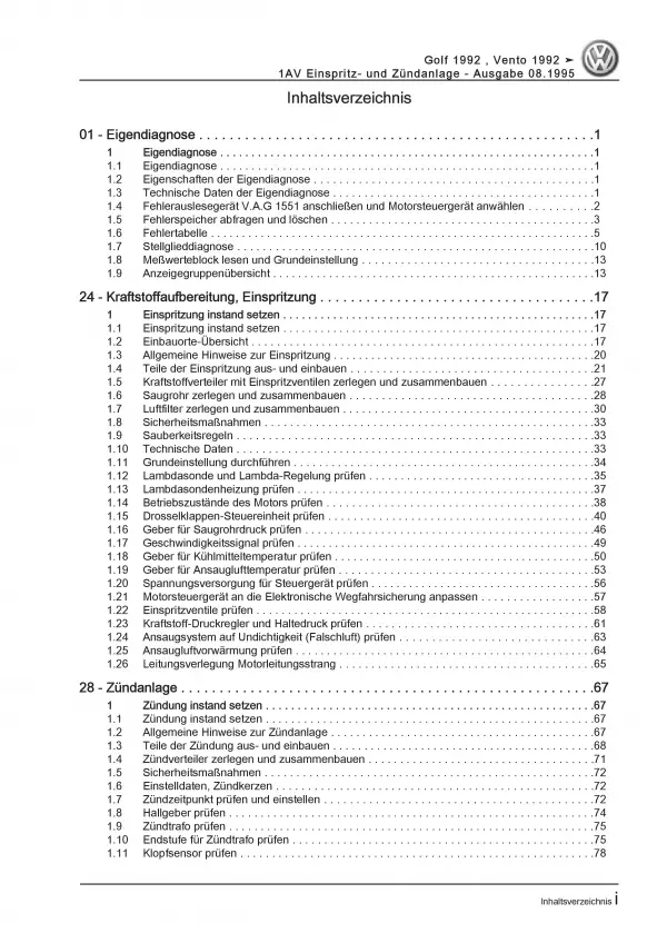 VW Golf 3 1H 1991-1999 1AV Einspritz- und Zündanlage 1,6l Reparaturanleitung PDF