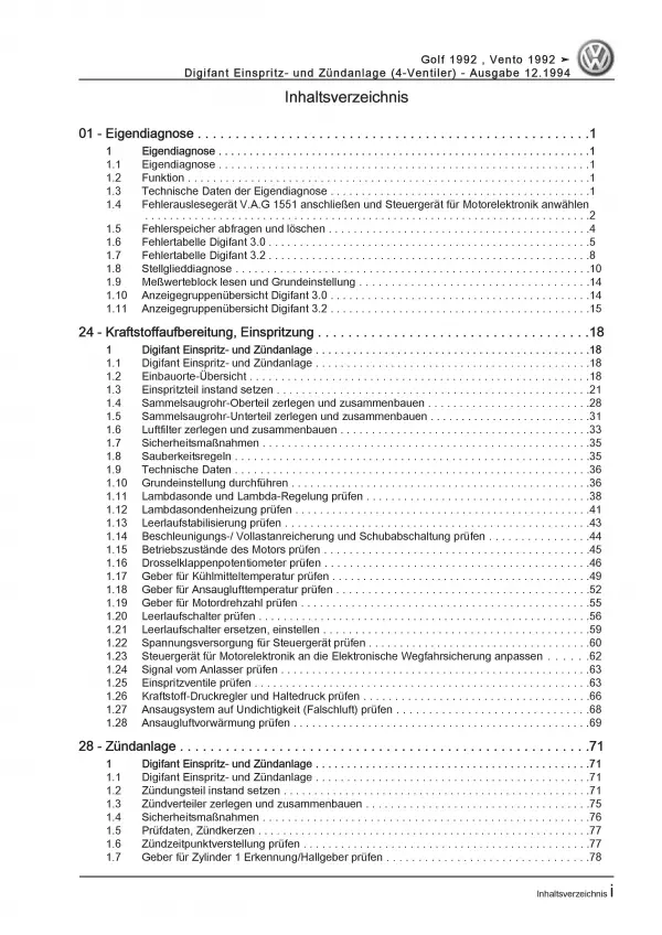 VW Golf 3 1H (91-99) Digifant Einspritz- Zündanlage 2,0l Reparaturanleitung PDF