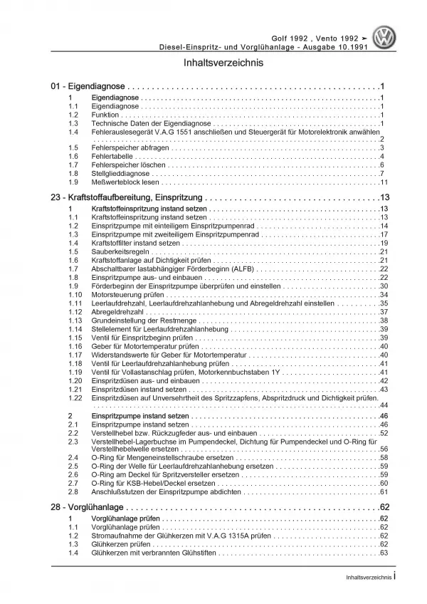 VW Golf 3 1H (91-99) Diesel-Einspritz- Vorglühanlage 1,9l Reparaturanleitung PDF