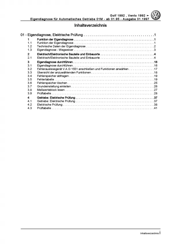 VW Golf 3 1H (95-99) Eigendiagnose Automatikgetriebe 01M Reparaturanleitung PDF