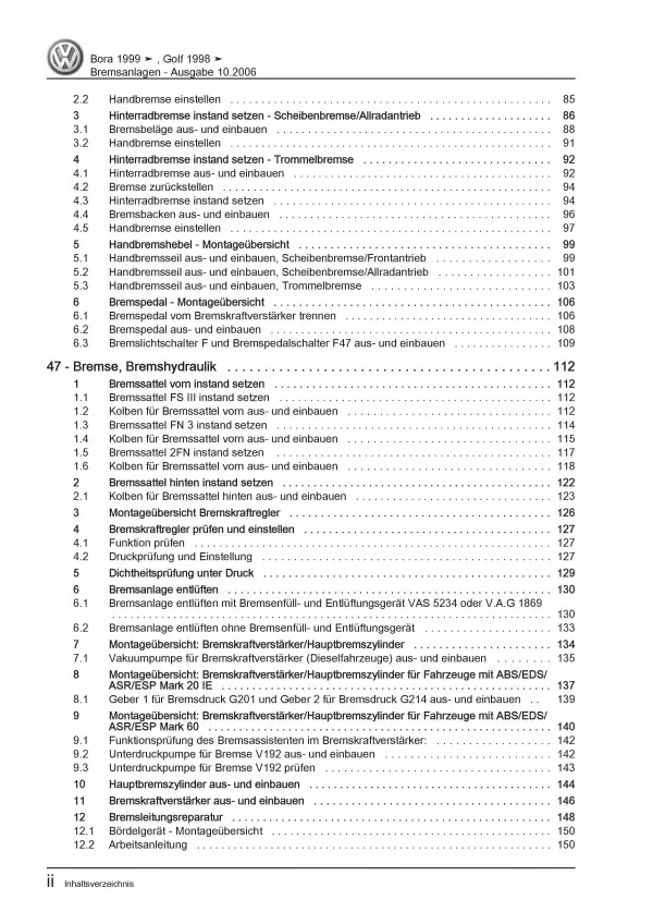 VW Golf 4 Typ 1J 1997-2006 Bremsanlagen Bremsen System Reparaturanleitung