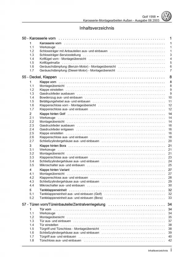 VW Golf 4 1J 1997-2006 Karosserie Montagearbeiten Außen Reparaturanleitung PDF