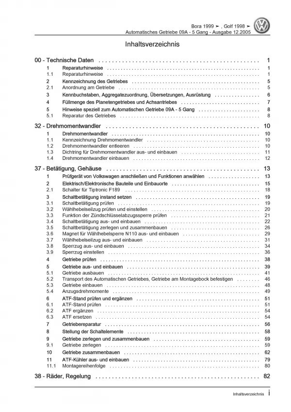 VW Golf 4 Typ 1J 1997-2006 5 Gang Automatikgetriebe 09A Reparaturanleitung PDF