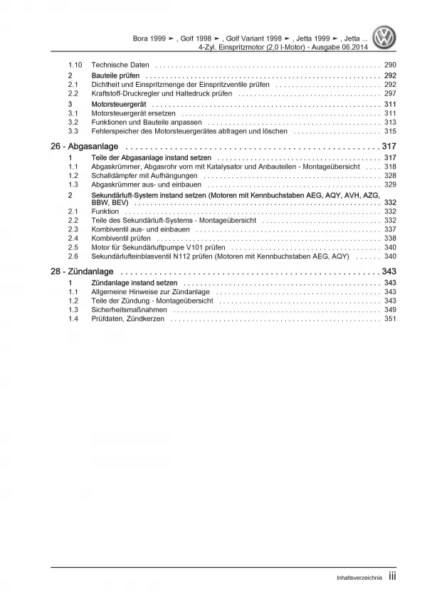 VW Golf 4 Typ 1J 1997-2006 4-Zyl. 2,0l Benzinmotor 115 PS Reparaturanleitung PDF