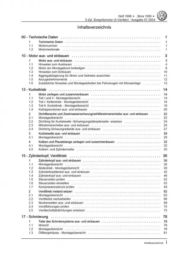 VW Golf 4 Typ 1J (97-06) 5-Zyl. 2,3l Benzinmotor 170 PS Reparaturanleitung PDF