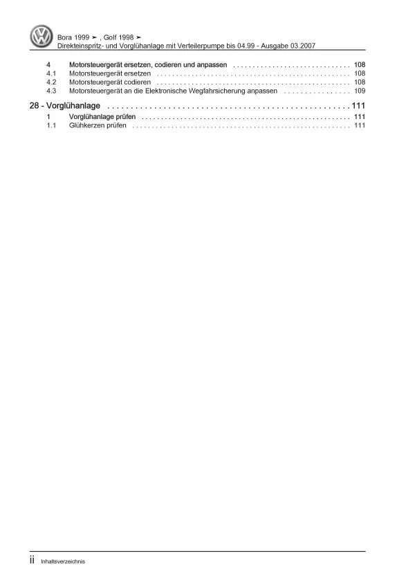 VW Golf 4 Typ 1J 1997-1999 Direkteinspritz- Vorglühanlage Reparaturanleitung PDF