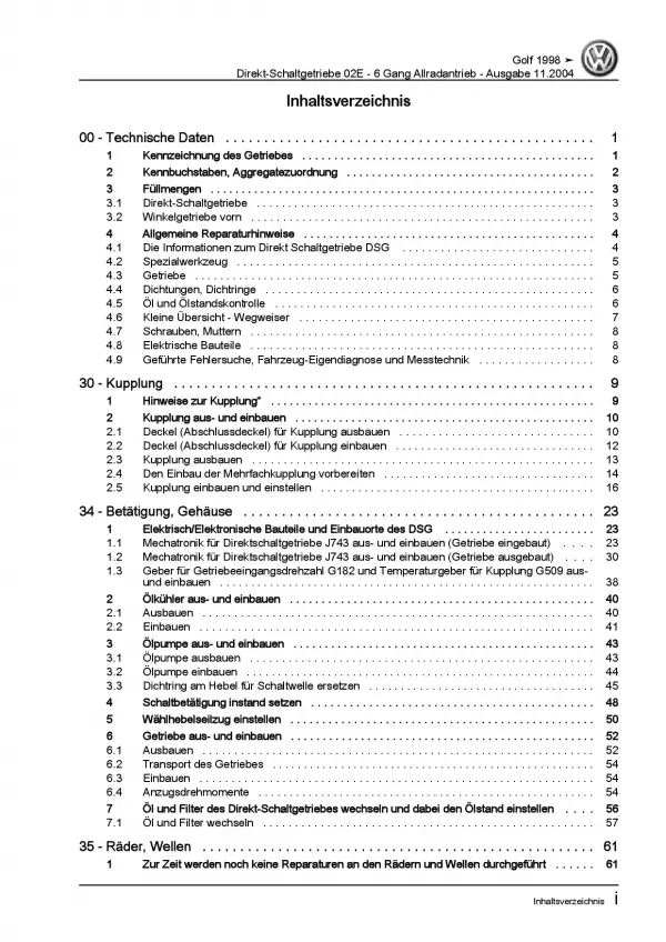 VW Golf 4 1J (97-06) 6 Gang Automatikgetriebe DSG DKG 02E Reparaturanleitung PDF