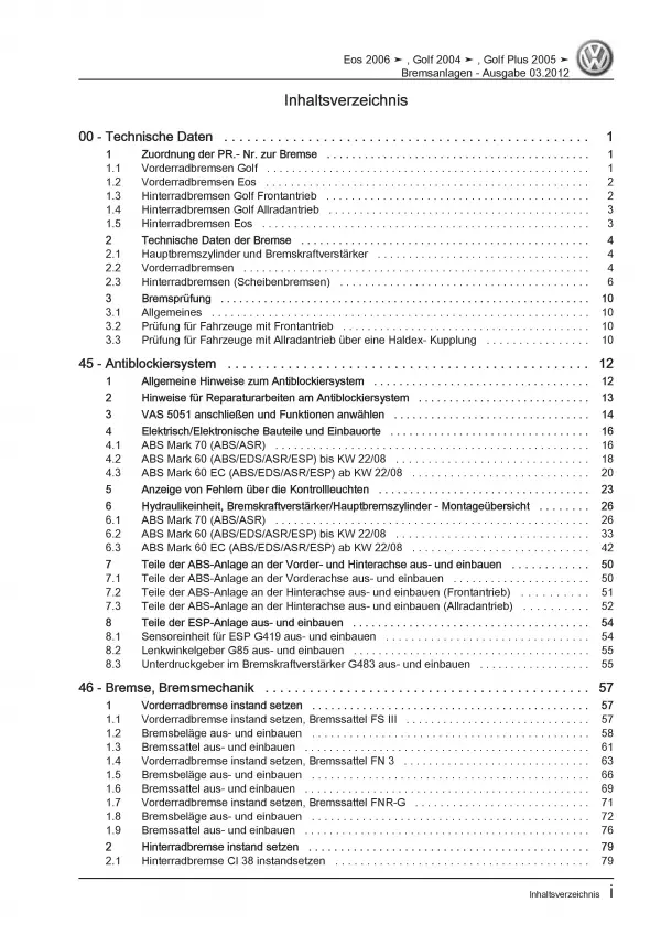 VW Golf 5 Typ 1K 2003-2008 Bremsanlagen Bremsen System Reparaturanleitung PDF