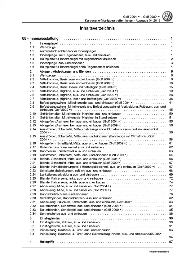 VW Golf 5 Typ 1K (03-08) Karosserie Montagearbeiten Innen Reparaturanleitung PDF