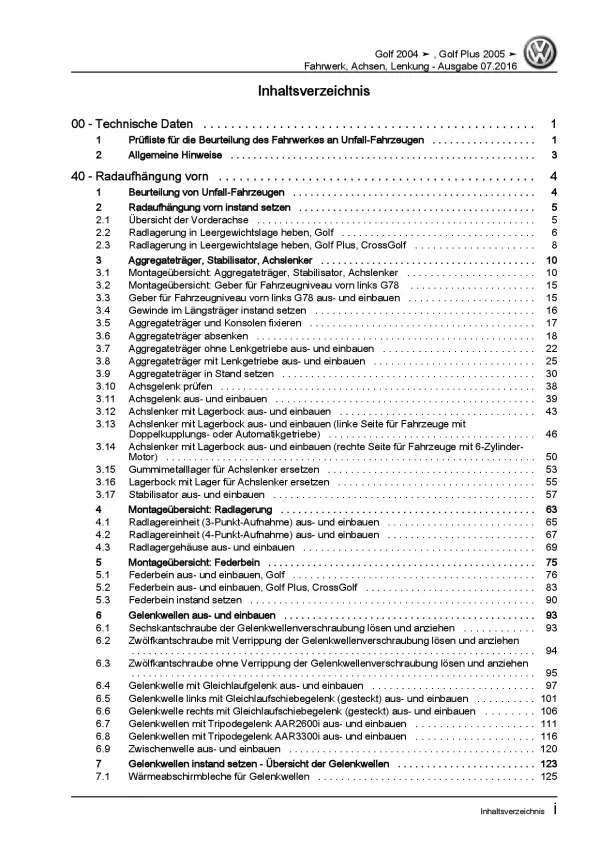 VW Golf 5 Typ 1K 2003-2008 Fahrwerk Achsen Lenkung Reparaturanleitung PDF