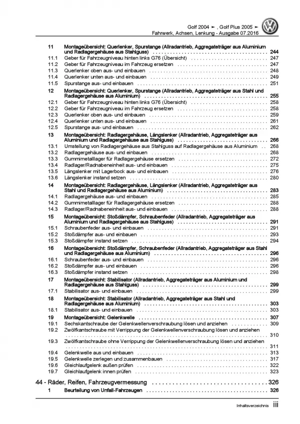 VW Golf 5 Typ 1K 2003-2008 Fahrwerk Achsen Lenkung Reparaturanleitung PDF