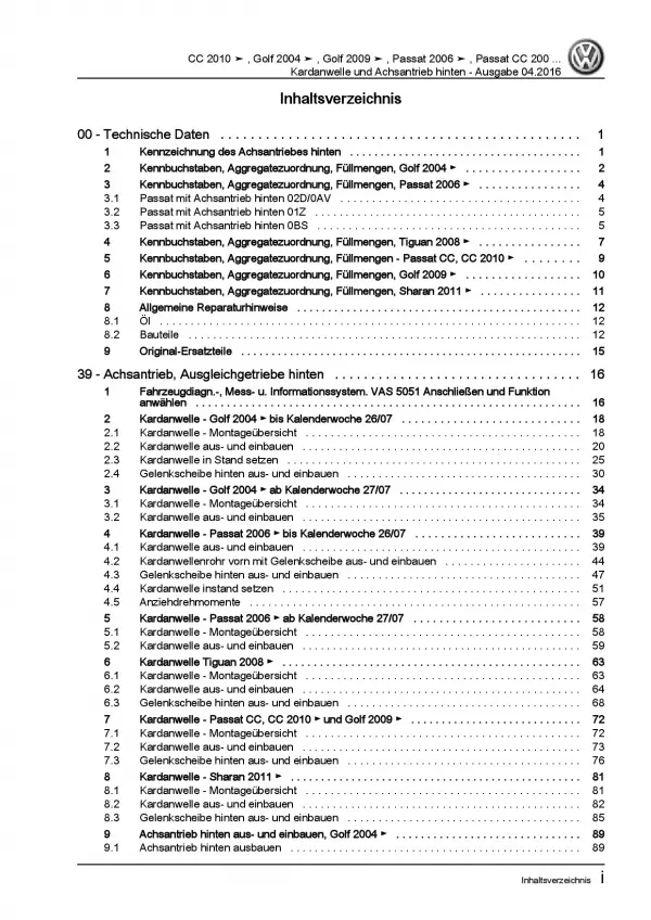 VW Golf 5 Typ 1K 2003-2008 Kardanwelle Achsantrieb hinten Reparaturanleitung PDF