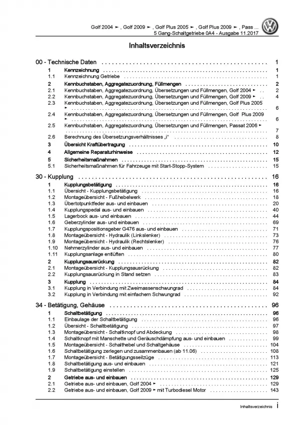 VW Golf 5 1K 2003-2008 5 Gang Schaltgetriebe 0A4 Kupplung Reparaturanleitung PDF